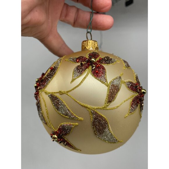 Vintage Kirkland Jeweled Poinsettia Glass Ornament Seed Beads Gliter Ball pair - Picture 4 of 13